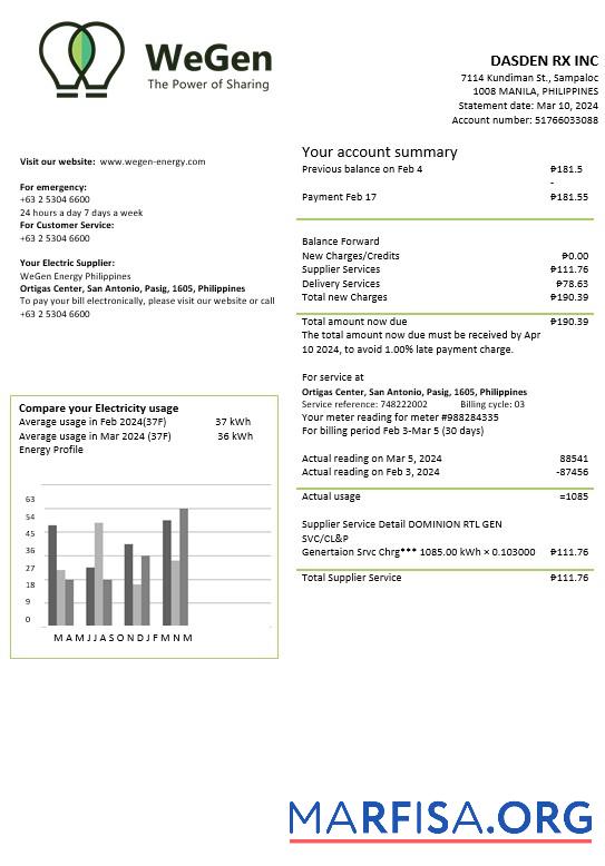 Realistic Philippines WeGen Energy Philippines business utility bill template in Word and PDF formats